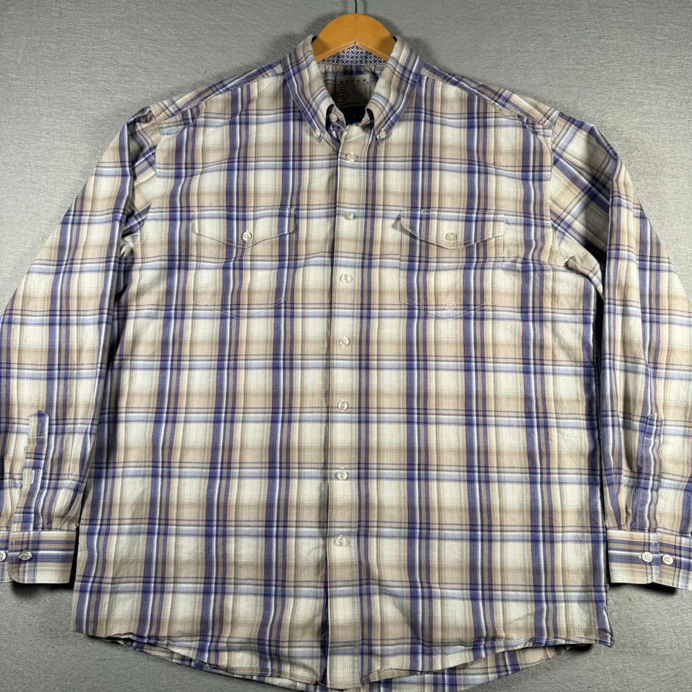Roper Wear the West Mens XL Plaid Long Sleeve Western Button Down Shirt Blue Tan